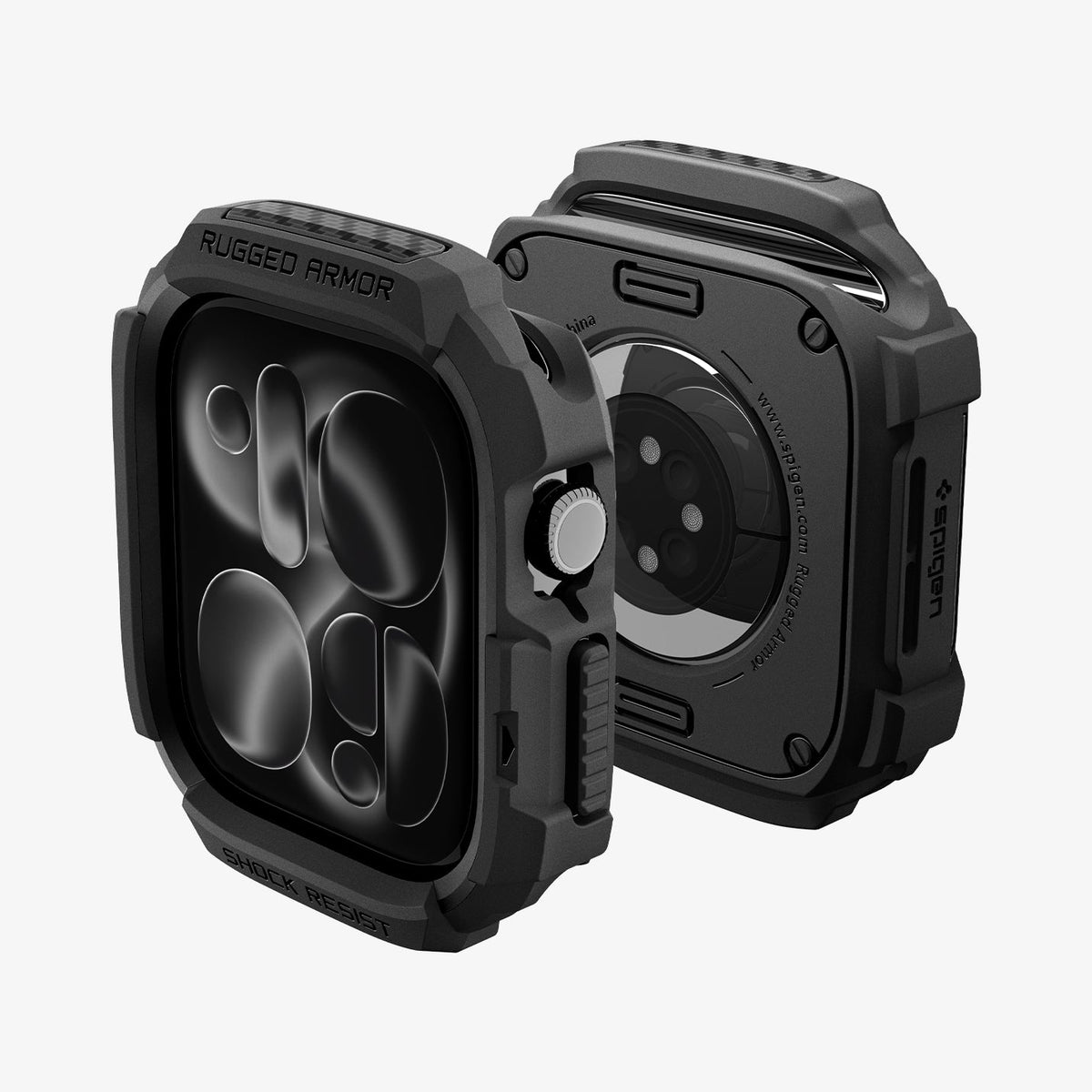 Apple Watch Series 12 (46mm) Case Rugged Armor in Matte Black showing front and back angled views highlighting the protective frame, button coverage, and open sensor area