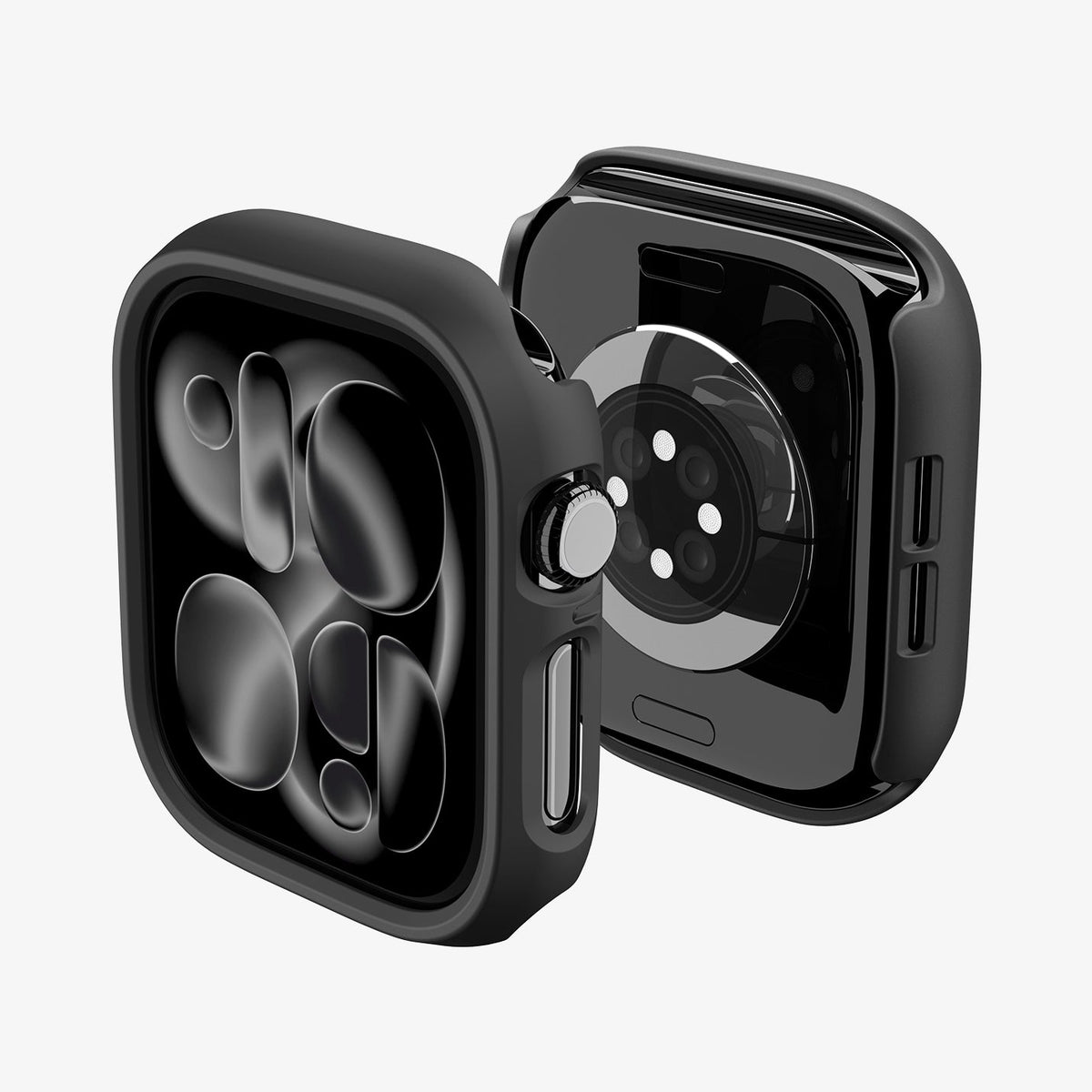 Apple Watch Series 12(46mm) Case Thin Fit in Black showing front and back angled views highlighting the slim frame and open sensor area