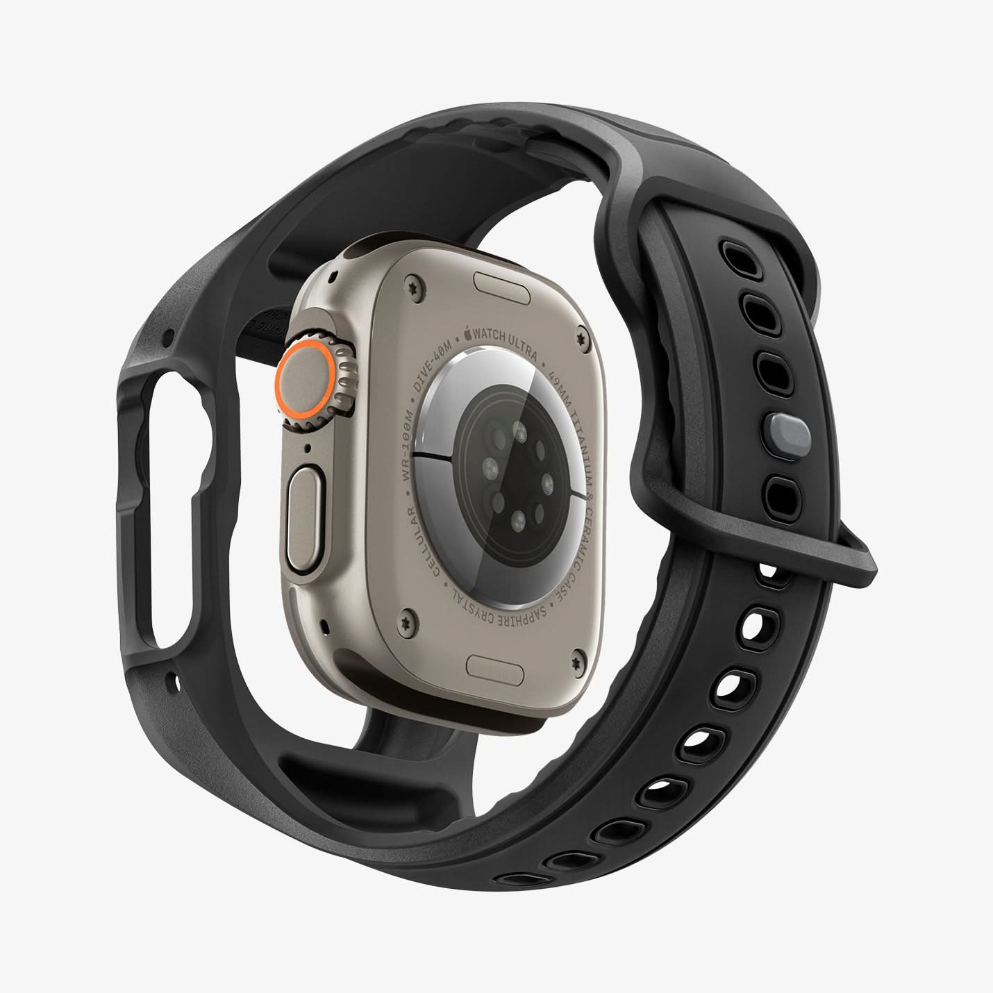 ACS05463 - Apple Watch Ultra Series (49mm) Case Liquid Air Pro in black showing the watch face hovering under the watch band case showing side, partial inner and bottom