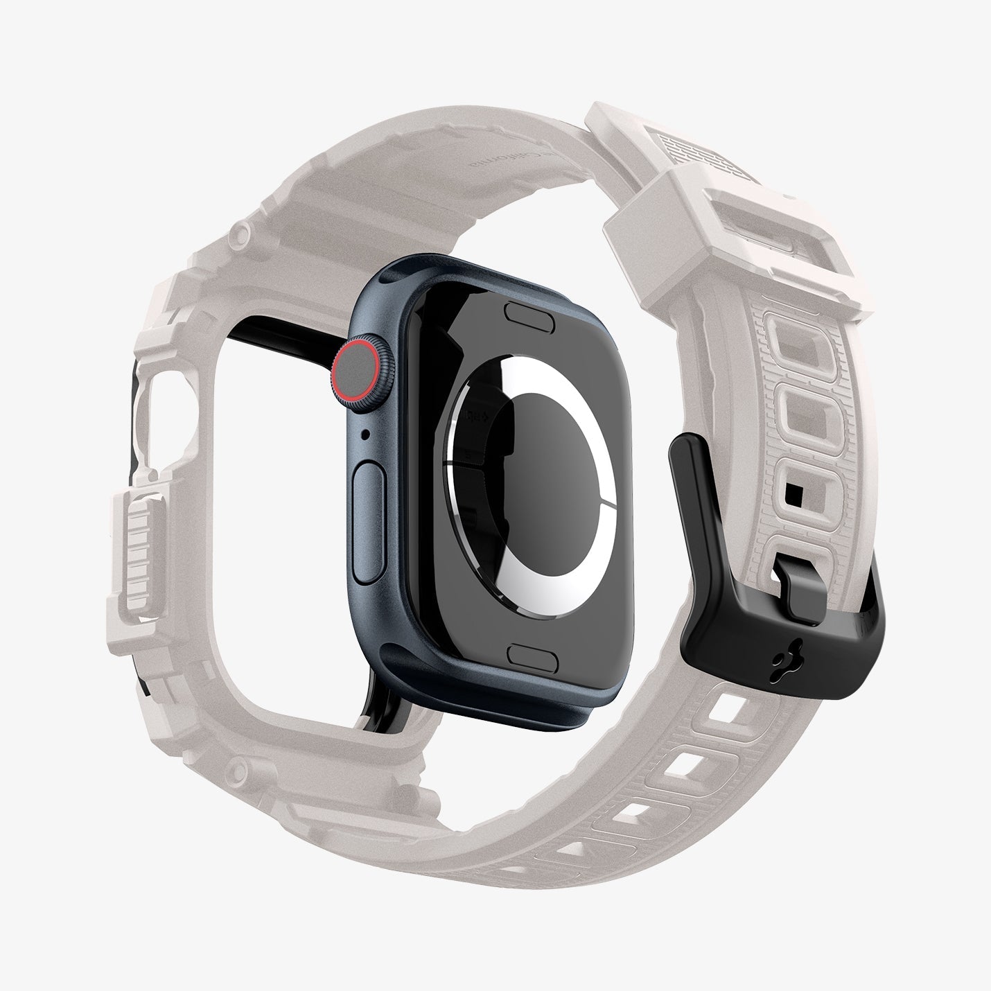 ACS08593 - Apple Watch Series 11 / 10 (42mm) Case Rugged Armor Pro in Dune Beige showing the back, detached from the case, hovering under the band, showing inner side and back