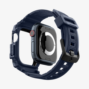 ACS08592 - Apple Watch Series 11 / 10 (42mm) Case Rugged Armor Pro in Navy Blue showing the 
back, detached from the case, hovering under the band, showing inner side and back