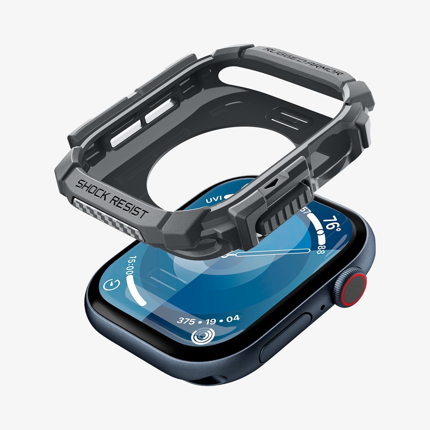 ACS08598 - Apple Watch Series 11 / 10 (46mm) Case Rugged Armor in Dark Gray showing the inner frame and sides hovering above the watch face