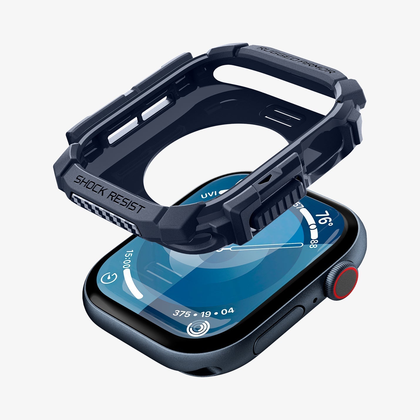 ACS08599 - Apple Watch Series 11 / 10 (46mm) Case Rugged Armor in Navy Blue showing the inner frame and sides hovering above the watch face