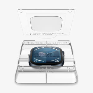 AFL08580 - Apple Watch 10 (42mm) EliteShield EZ Fit in Clear showing the bottom of the tray with screen protector attached, partially hovering above the watch face on a tray holder