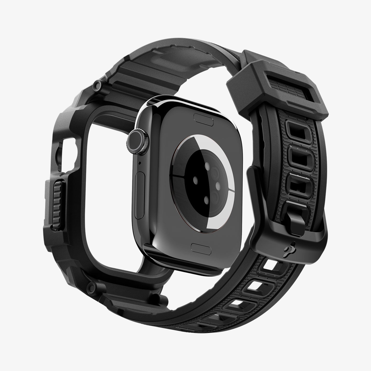Apple Watch Series 12 (46mm) Case Rugged Armor Pro in Matte Black showing an exploded view highlighting the integrated protective frame, band, and buckle design