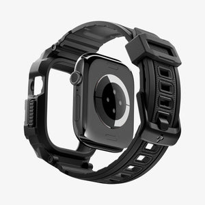 Apple Watch Series 12 (46mm) Case Rugged Armor Pro in Matte Black showing an exploded view highlighting the integrated protective frame, band, and buckle design