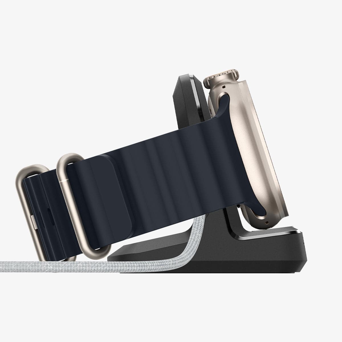 Apple Watch placed sideways on the Spigen Rugged Armor charging stand