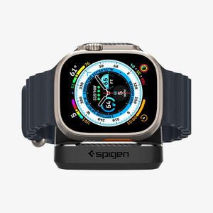 Front view of an Apple Watch on the Spigen Rugged Armor charging stand