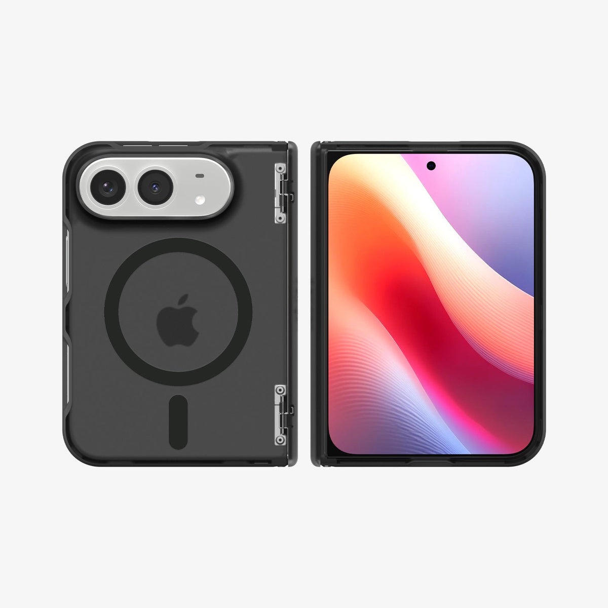 iPhone Duo Ultra Hybrid Pro (Mag Fit) in Frost Black showing the case from front and back with a magnetic ring and full hinge coverage