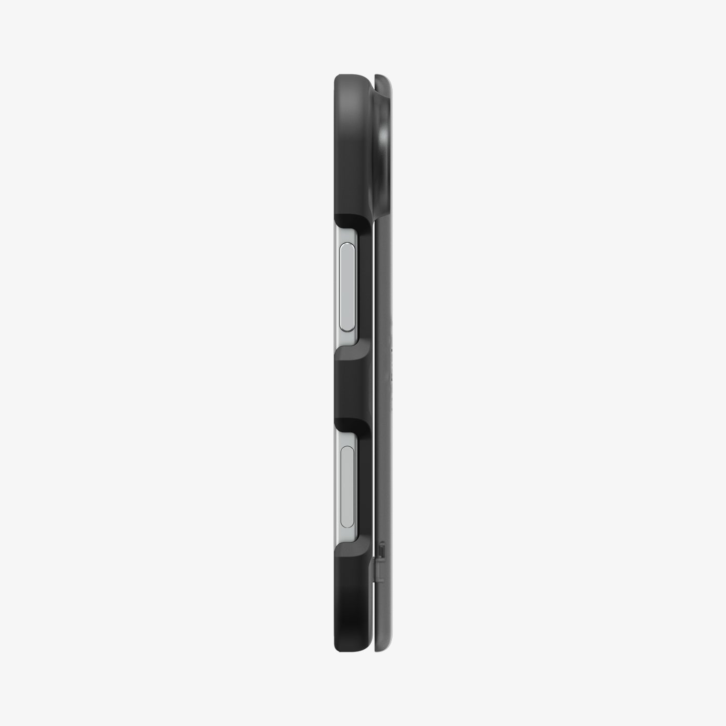 iPhone Duo Ultra Hybrid Pro (Mag Fit) in Frost Black showing the slim side profile with precise button cutouts and hinge protection