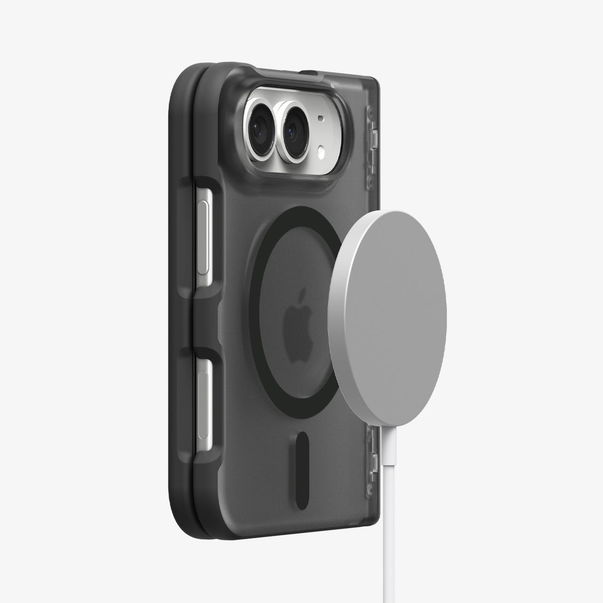 iPhone Duo Ultra Hybrid Pro (Mag Fit) in Frost Black showing magnetic accessory compatibility with a secure attachment