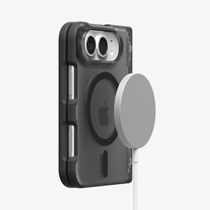 iPhone Duo Ultra Hybrid Pro (Mag Fit) in Frost Black showing magnetic accessory compatibility with a secure attachment