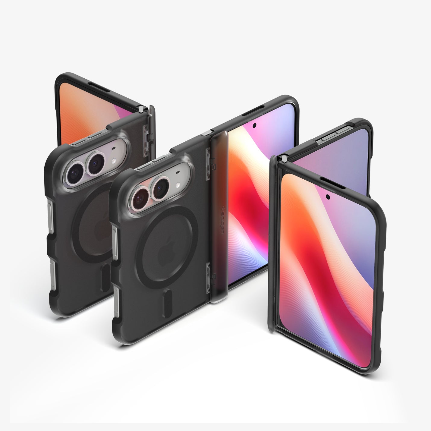 iPhone Duo Ultra Hybrid Pro (Mag Fit) in Frost Black showing the case in multiple folded and unfolded positions