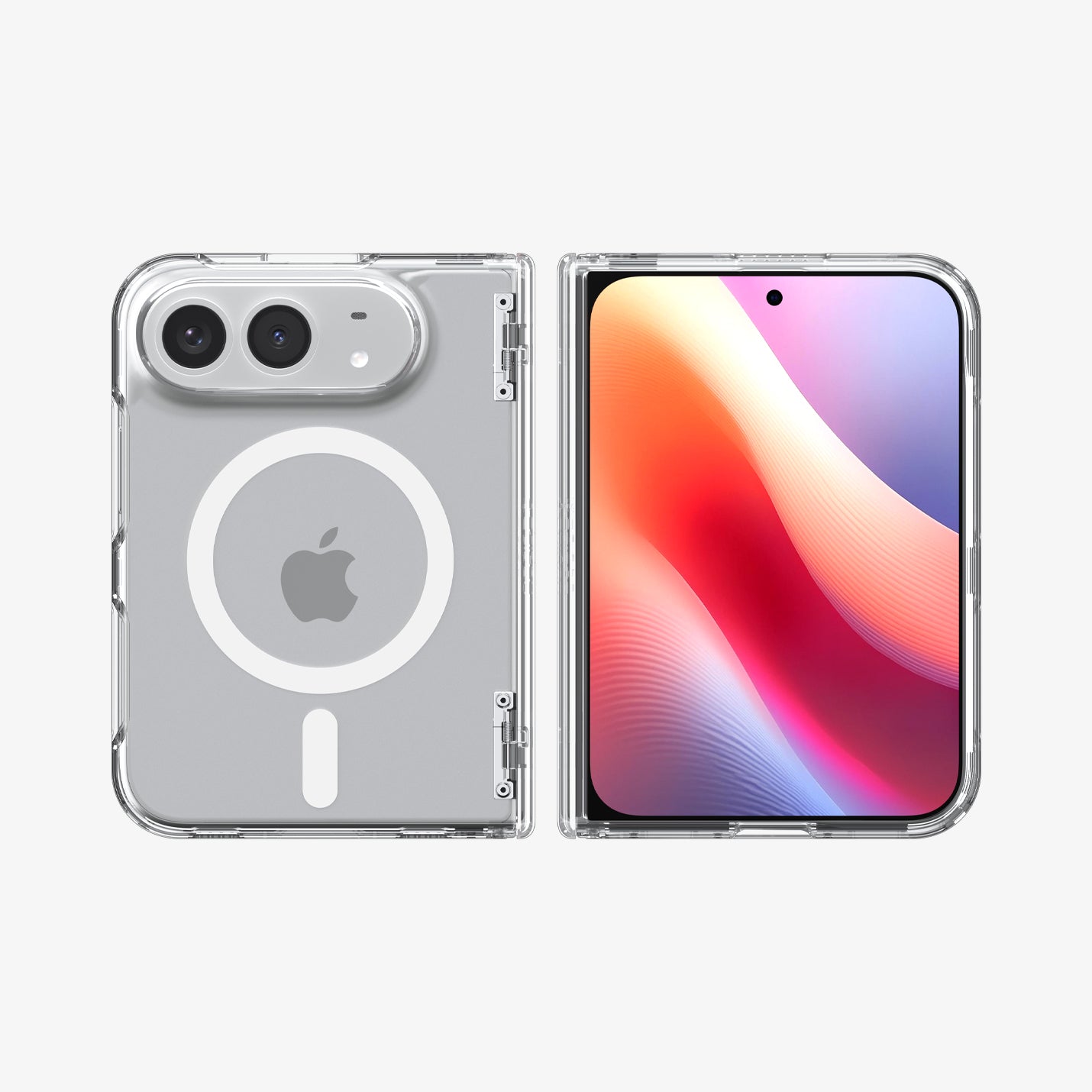 iPhone Duo Ultra Hybrid Pro (Mag Fit) in Clear White showing the case from front and back with a magnetic ring and full hinge coverage