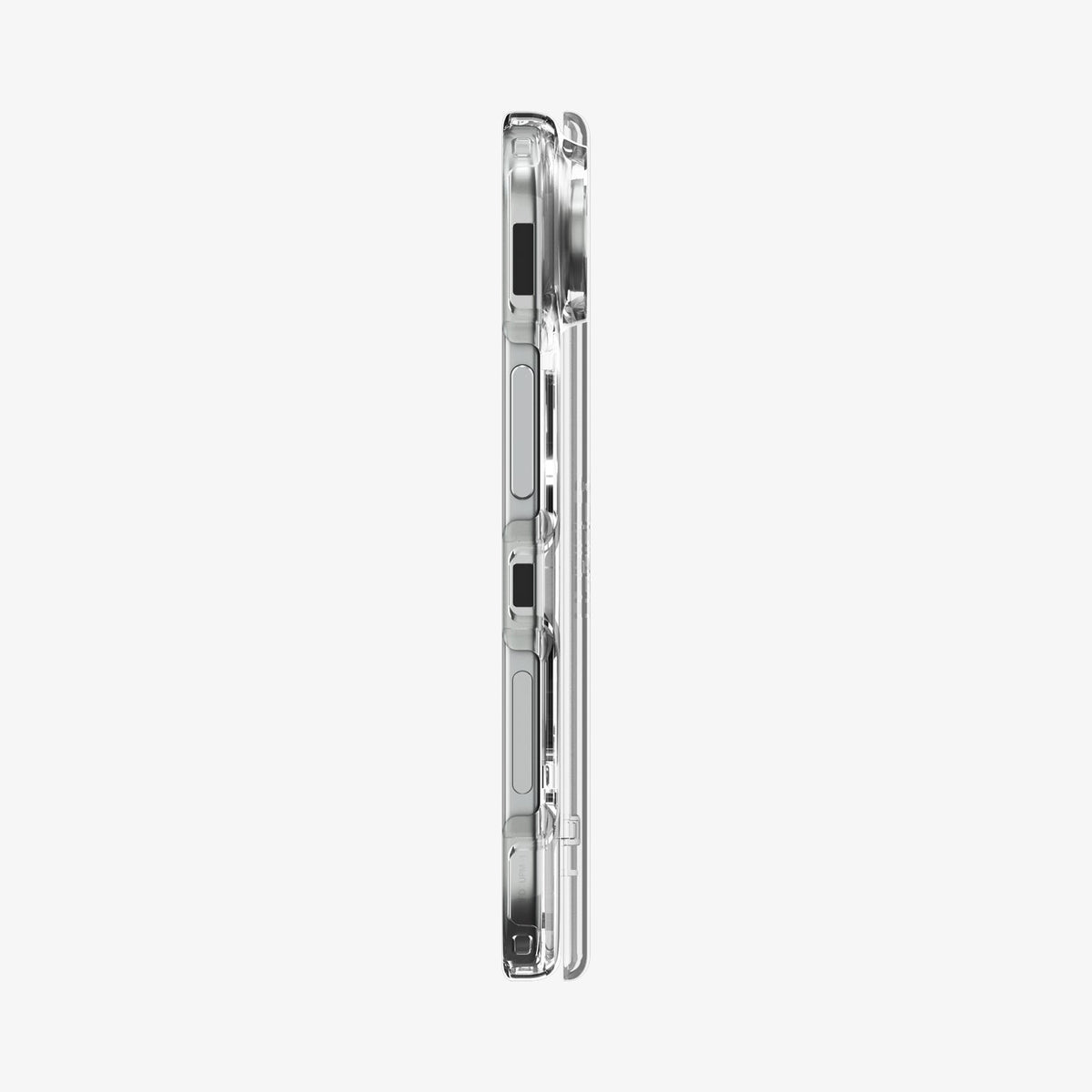 iPhone Duo Ultra Hybrid Pro (Mag Fit) in Clear White showing the slim side profile with precise button cutouts and hinge protection
