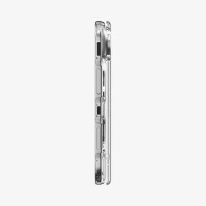 iPhone Duo Ultra Hybrid Pro (Mag Fit) in Clear White showing the slim side profile with precise button cutouts and hinge protection
