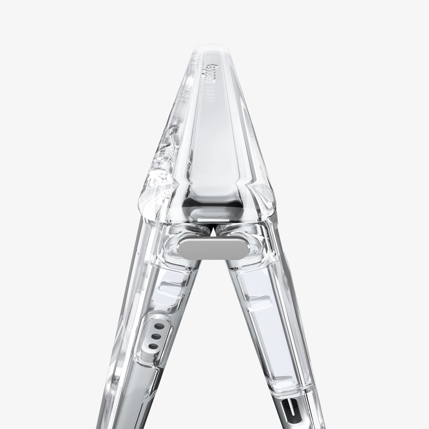 iPhone Duo Ultra Hybrid Pro (Mag Fit) in Clear White showing a close-up of the hinge structure designed for smooth folding