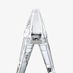 iPhone Duo Ultra Hybrid Pro (Mag Fit) in Clear White showing a close-up of the hinge structure designed for smooth folding