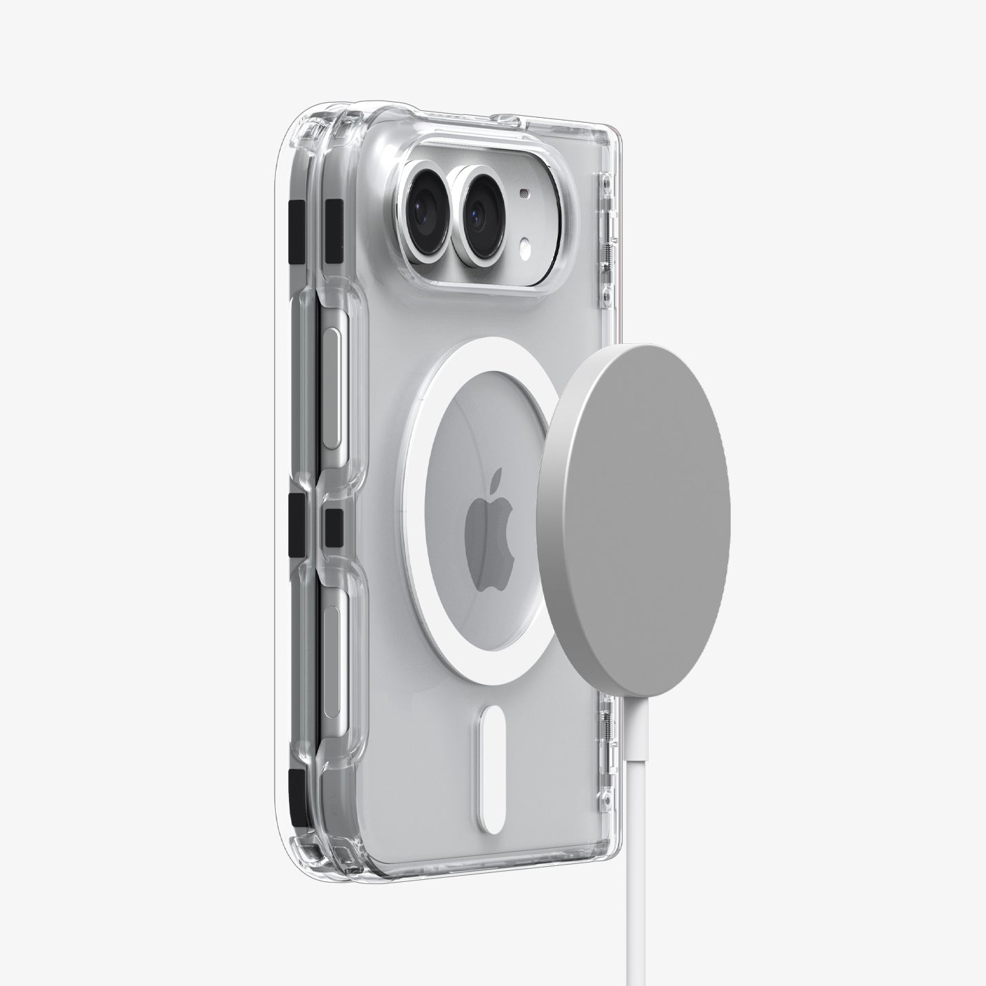 iPhone Duo Ultra Hybrid Pro (Mag Fit) in Clear White showing magnetic accessory compatibility with a secure attachment