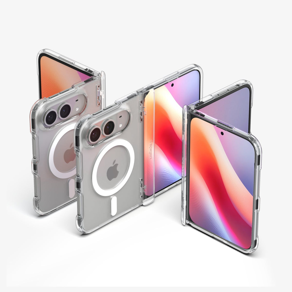 iPhone Duo Ultra Hybrid Pro (Mag Fit) in Clear White showing the case in multiple folded and unfolded positions