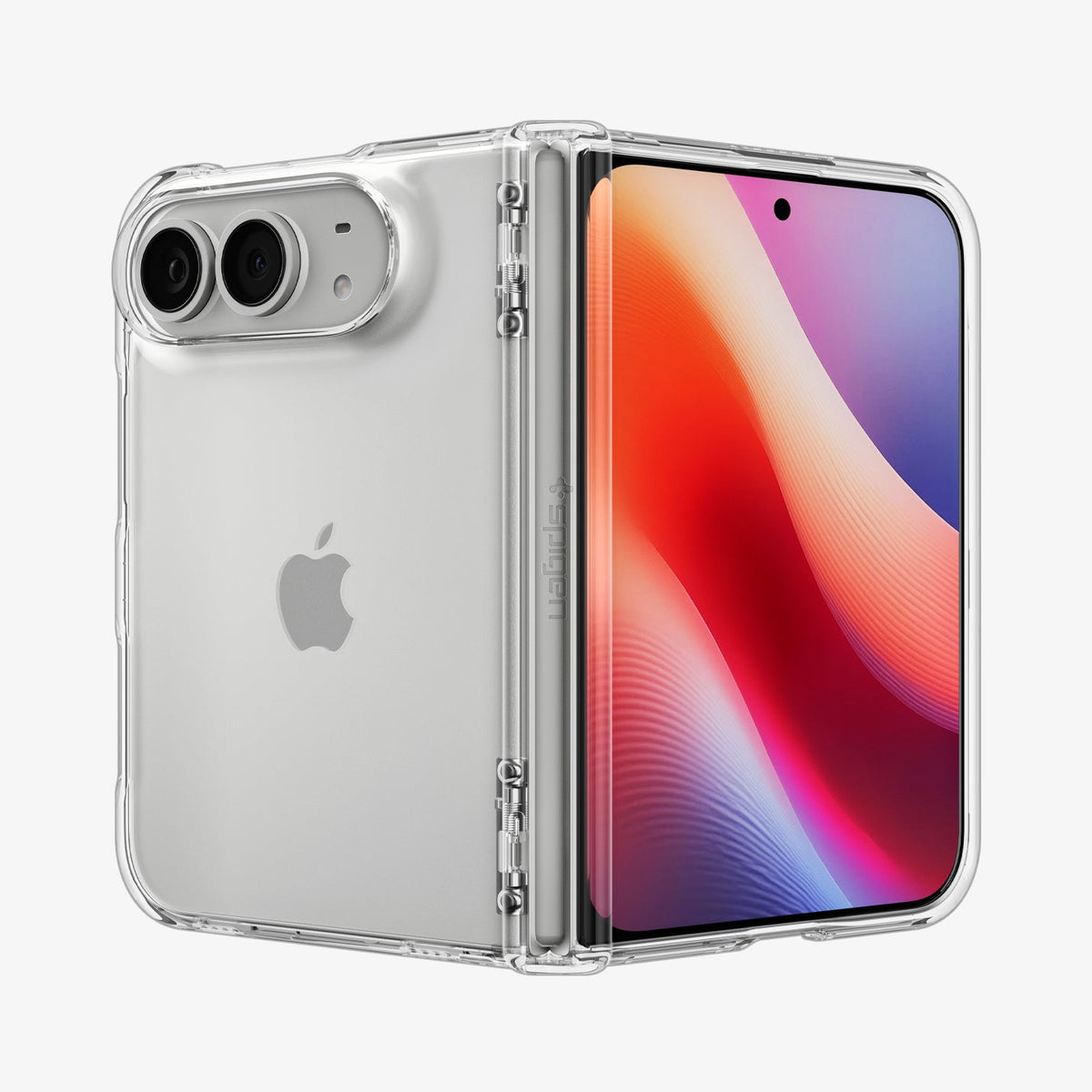 iPhone Duo Ultra Hybrid Pro showing the case partially folded with textured hinge protection and raised camera edges