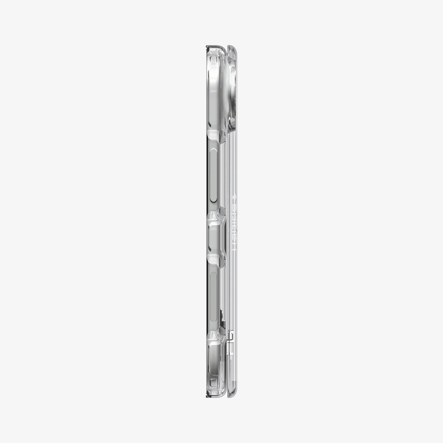 iPhone Duo Ultra Hybrid Pro showing the slim side profile with precise button cutouts and hinge protection