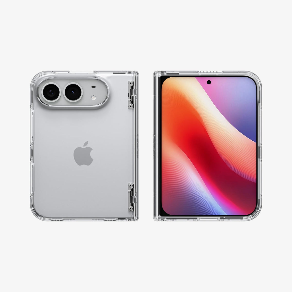 iPhone Duo Ultra Hybrid Pro showing the case fully open with textured hinge protection and raised camera edges