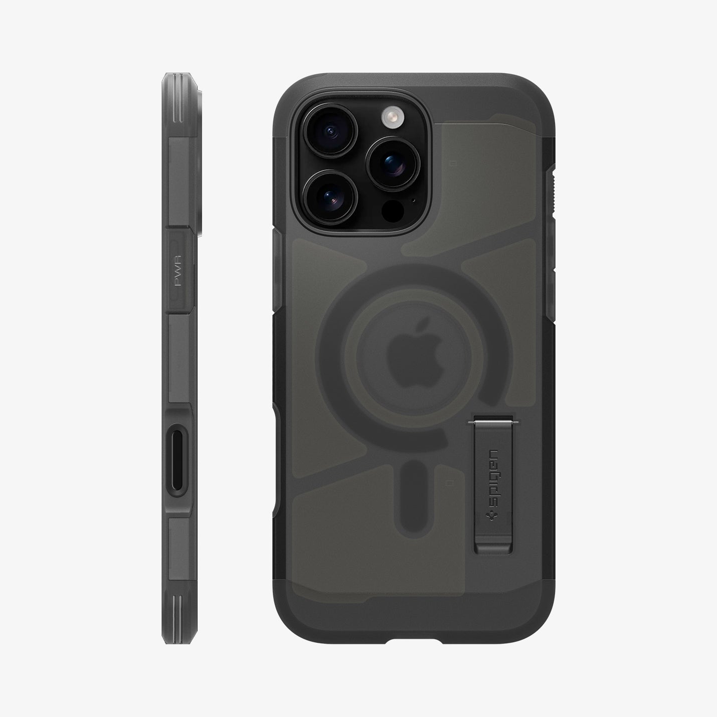 Spigen iPhone 16 Pro Tough Armor T AI MagFit case in Frost Black - rear and side product view