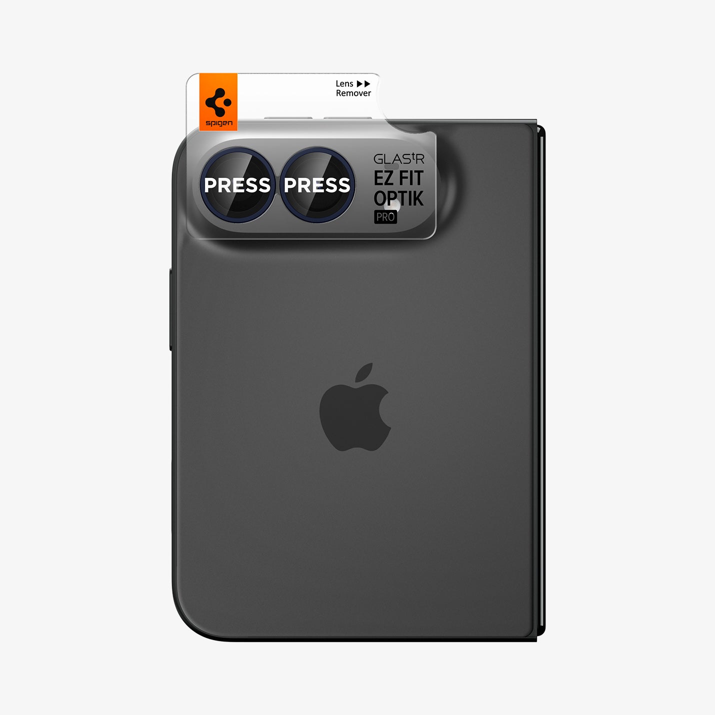 iPhone Duo Optik Pro EZ Fit Lens Protector in Black showing the EZ Fit Optik Pro alignment tray positioned over the dual camera lenses