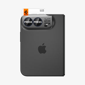 iPhone Duo Optik Pro EZ Fit Lens Protector in Black showing the EZ Fit Optik Pro alignment tray positioned over the dual camera lenses