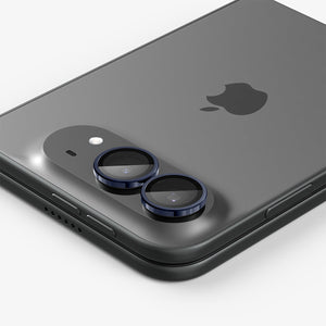 iPhone Duo Optik Pro EZ Fit Lens Protector in Black showing a close-up view of the dual camera lenses with individual lens protectors installed