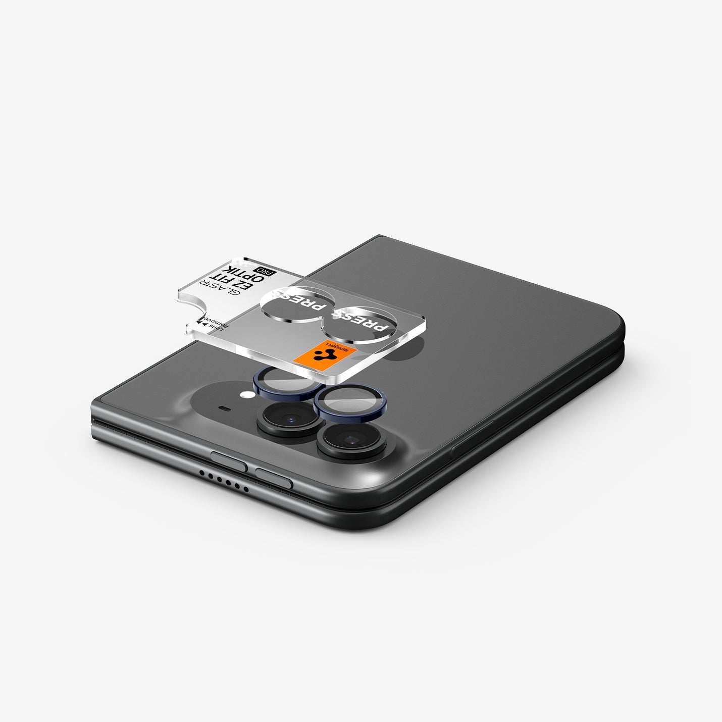iPhone Duo Optik Pro EZ Fit Lens Protector in Black showing the EZ Fit Optik Pro tray aligned above the camera lenses for easy installation