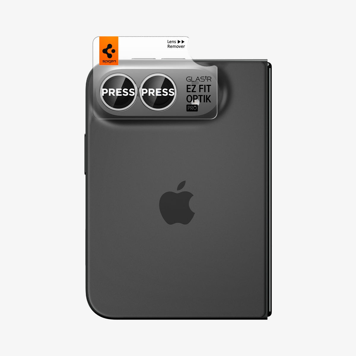 iPhone Duo Optik Pro EZ Fit Lens Protector in White showing the EZ Fit Optik Pro alignment tray positioned over the dual camera lenses