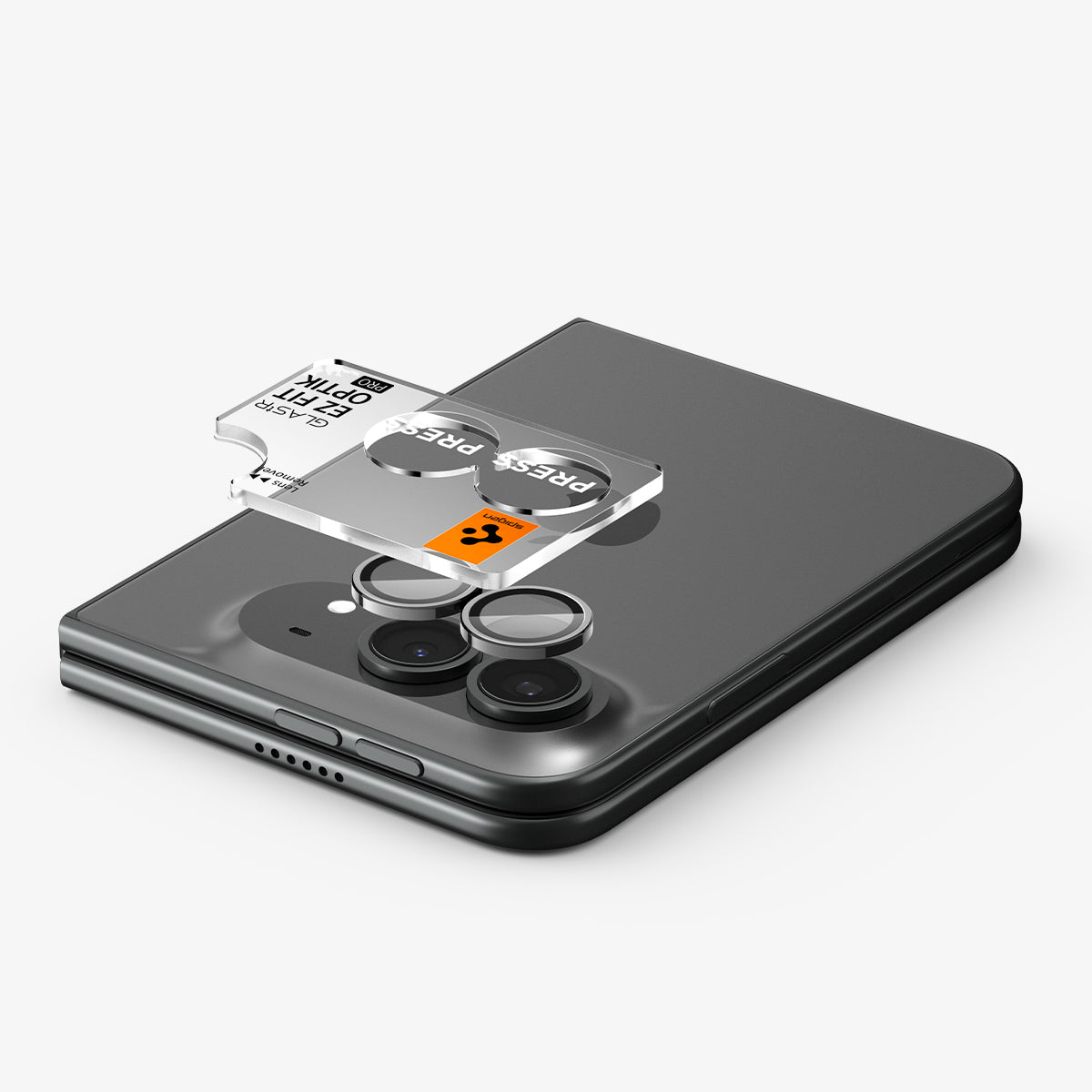 iPhone Duo Optik Pro EZ Fit Lens Protector in White showing the EZ Fit Optik Pro tray aligned above the camera lenses for easy installation