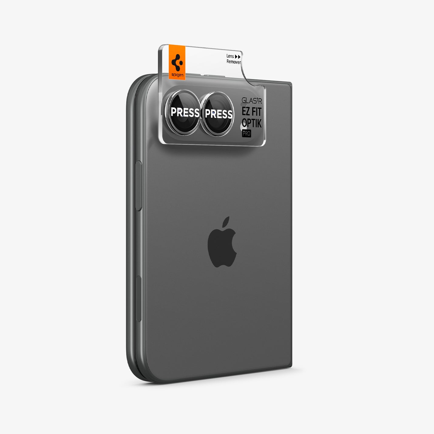 iPhone Duo Optik Pro EZ Fit Lens Protector in White showing the EZ Fit Optik Pro installation tray fitted over the dual camera lenses