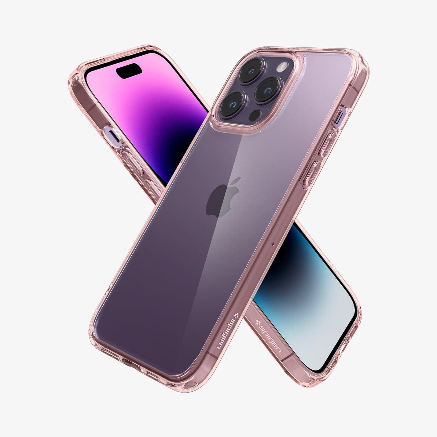 Spigen iPhone 14 Pro Max Case – Ultra Hybrid in Rose Crystal – angled front and back views