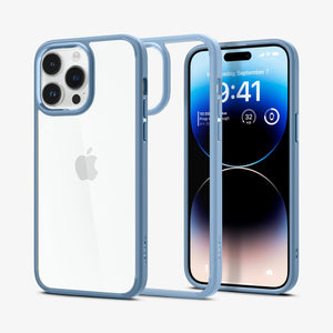 Spigen iPhone 14 Pro Max Case – Ultra Hybrid in Sierra Blue – front, back, and empty-case views