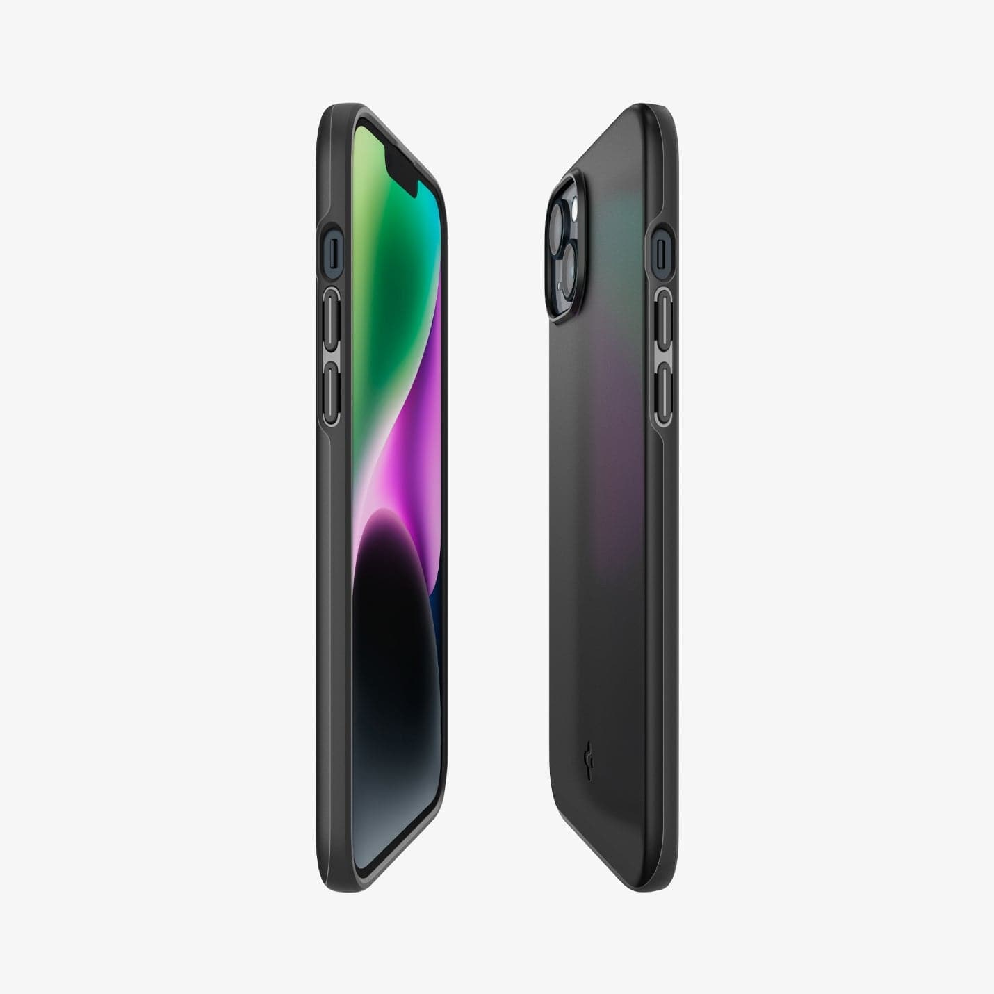 Spigen iPhone 14 / iPhone 13 Case – Thin Fit in Black – side, front, and partial back views