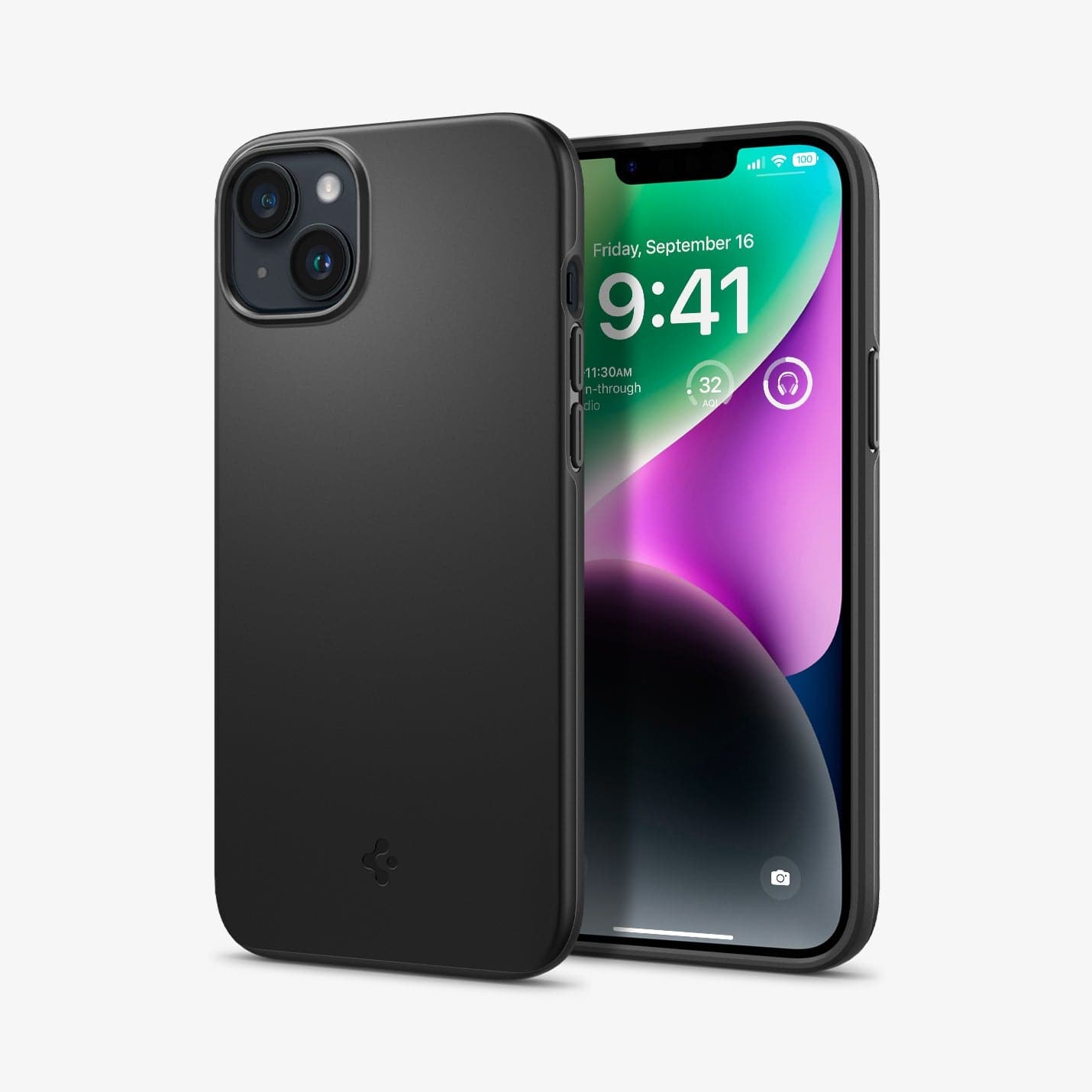 Spigen iPhone 14 / iPhone 13 Case – Thin Fit in Black – front and back views