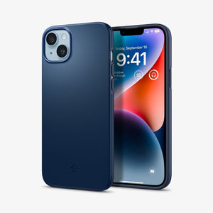 Spigen iPhone 14 / iPhone 13 Case – Thin Fit in Navy Blue – front and back views