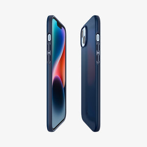 Spigen iPhone 14 / iPhone 13 Case – Thin Fit in Navy Blue – side, front, and partial back views