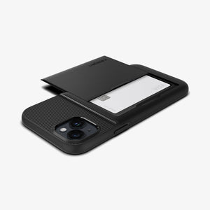 Spigen iPhone 14 Plus Case – Slim Armor CS in Black – angled back and side view with a card inserted