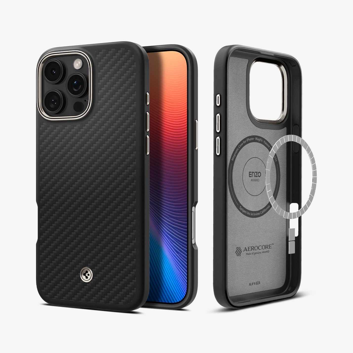 Spigen Enzo Aramid MagFit case in Black Natural for iPhone 16 Pro - front rear and magnetic plate views