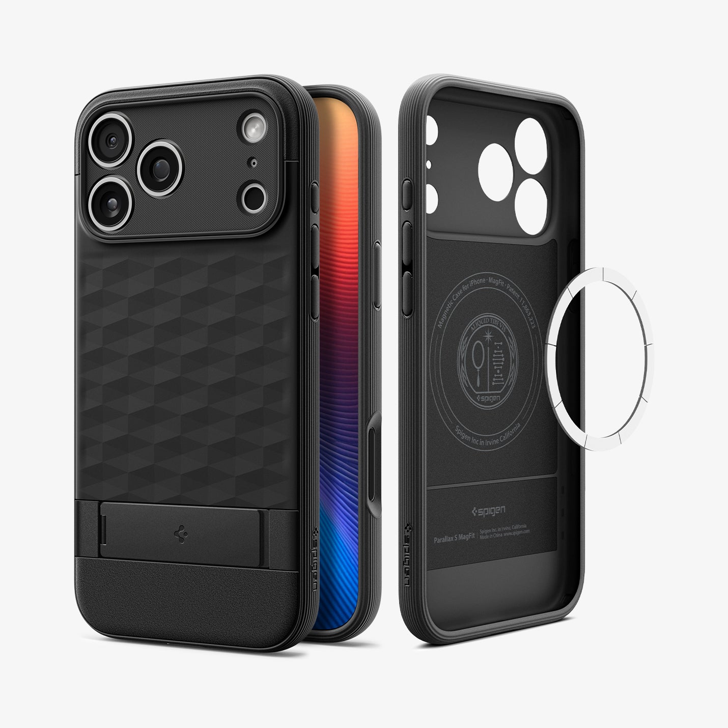 Spigen iPhone 17 Pro Parallax S MagFit case in Matte Black - back and inner magnetic ring layer