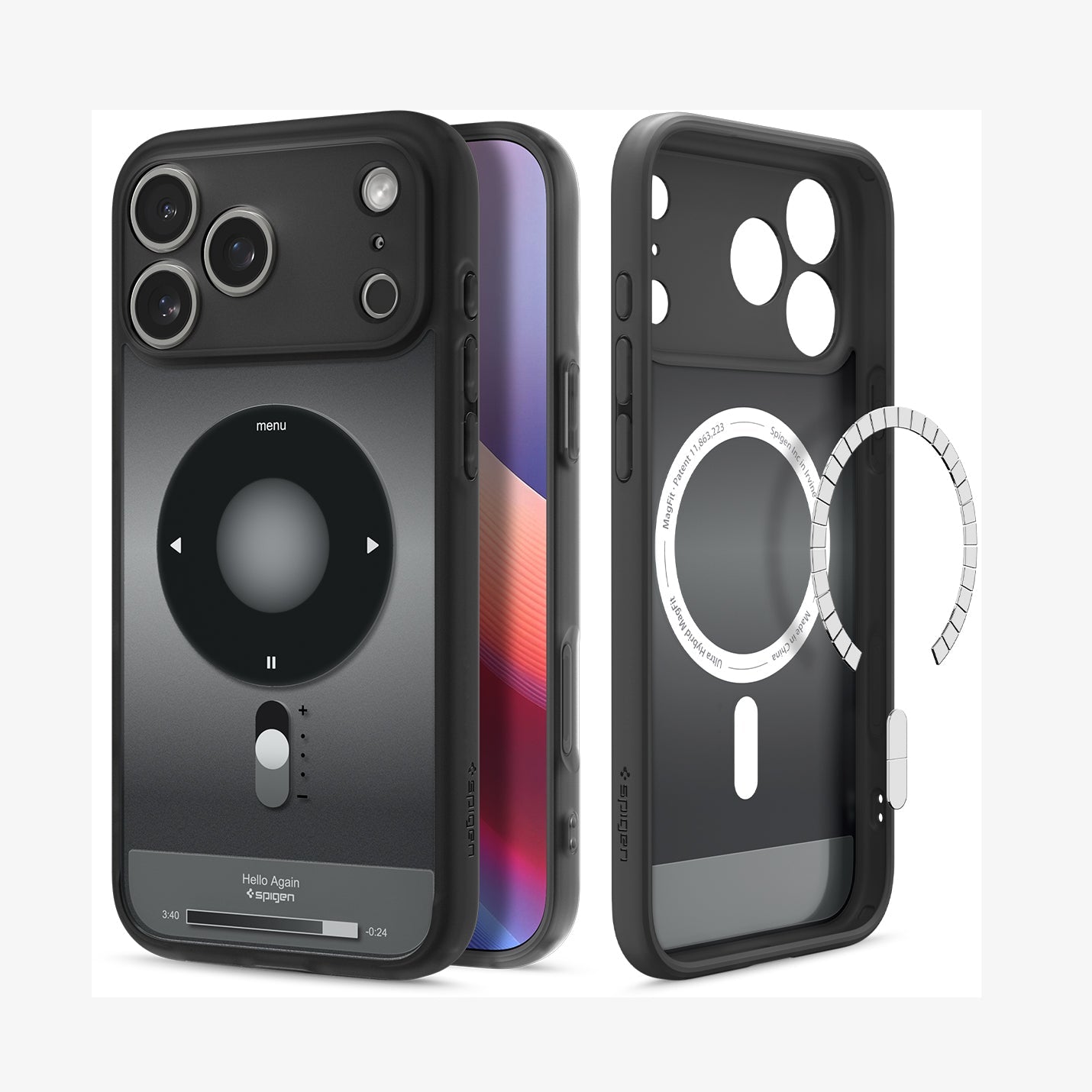 ACS10076 - iPhone 17 Pro Case Ultra Hybrid Classic (MagFit) in Classic Black showing the back, partial front, and inner while detached magnet is hovering in front of the case