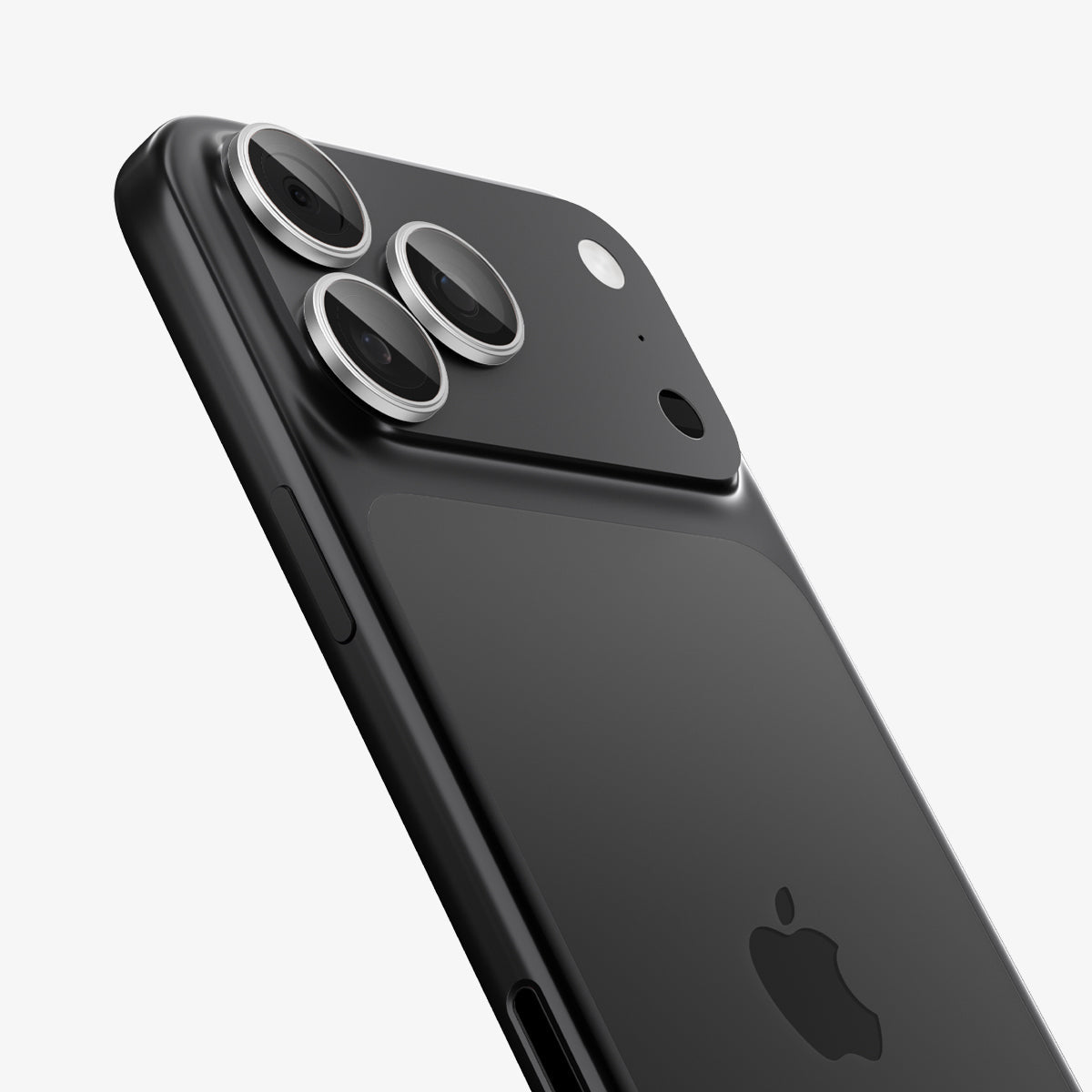 Spigen iPhone 17 Pro Max / 17 Pro Lens Protector – Optik Pro EZ Fit - Silver - angled view of silver protectors