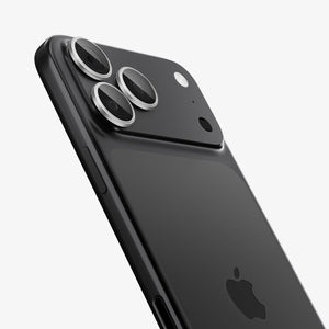 Spigen iPhone 17 Pro Max / 17 Pro Lens Protector – Optik Pro EZ Fit - Silver - angled view of silver protectors