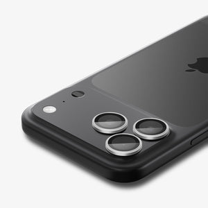 Spigen iPhone 17 Pro Max / 17 Pro Lens Protector – Optik Pro EZ Fit - Silver - installed silver protectors close-up