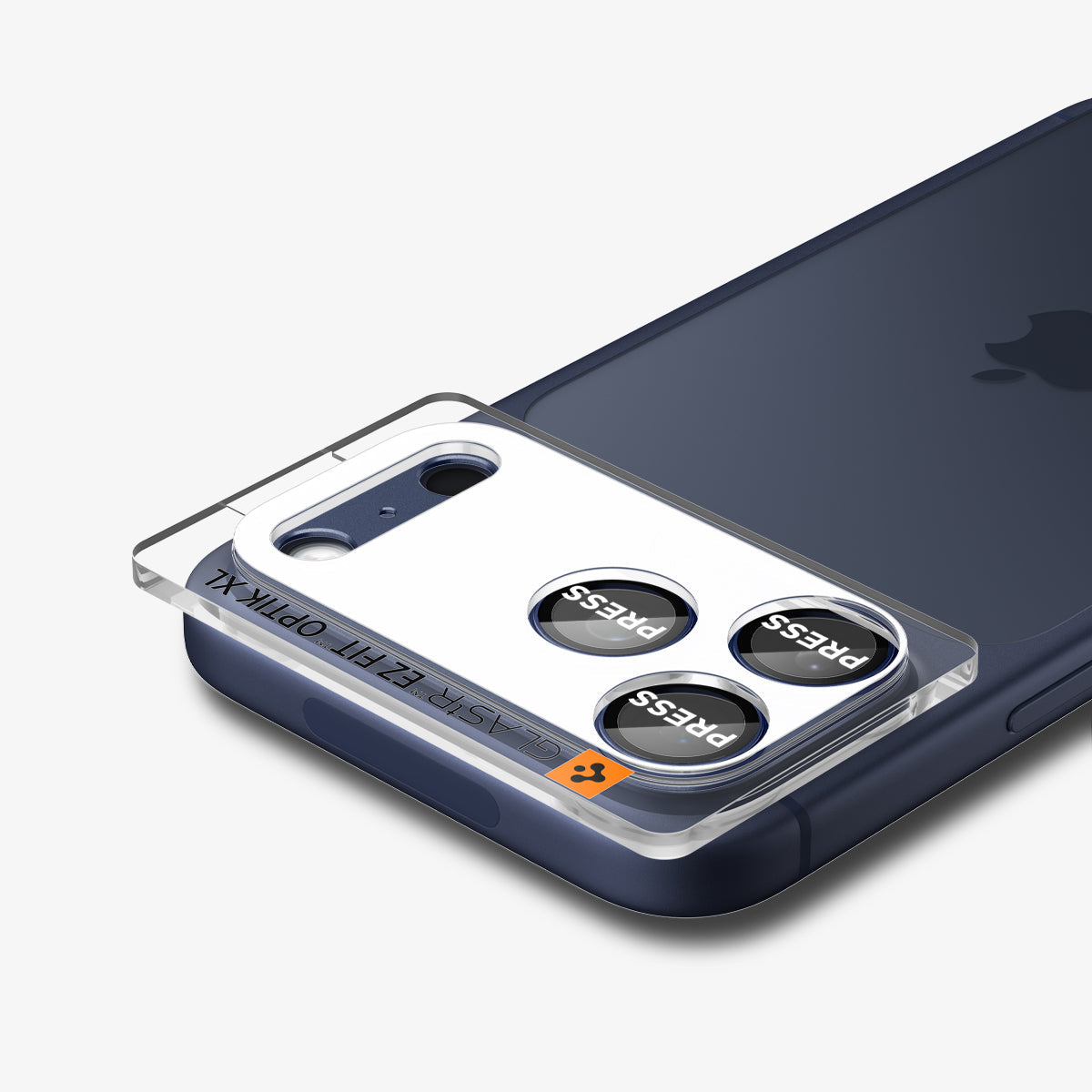 Spigen iPhone 17 Pro Lens Protector – GLAS.tR EZ Fit Optik Pro XL [1 Pack] - Blue - alignment tray attached from an angle