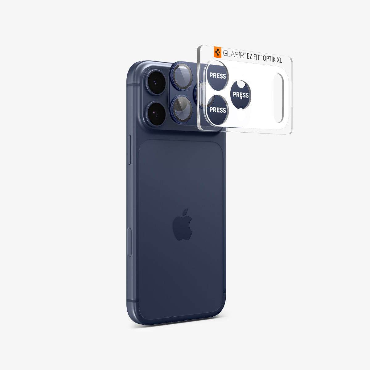 Spigen iPhone 17 Pro Lens Protector – GLAS.tR EZ Fit Optik Pro XL [1 Pack] - Blue - lens protector hovering in front of the camera